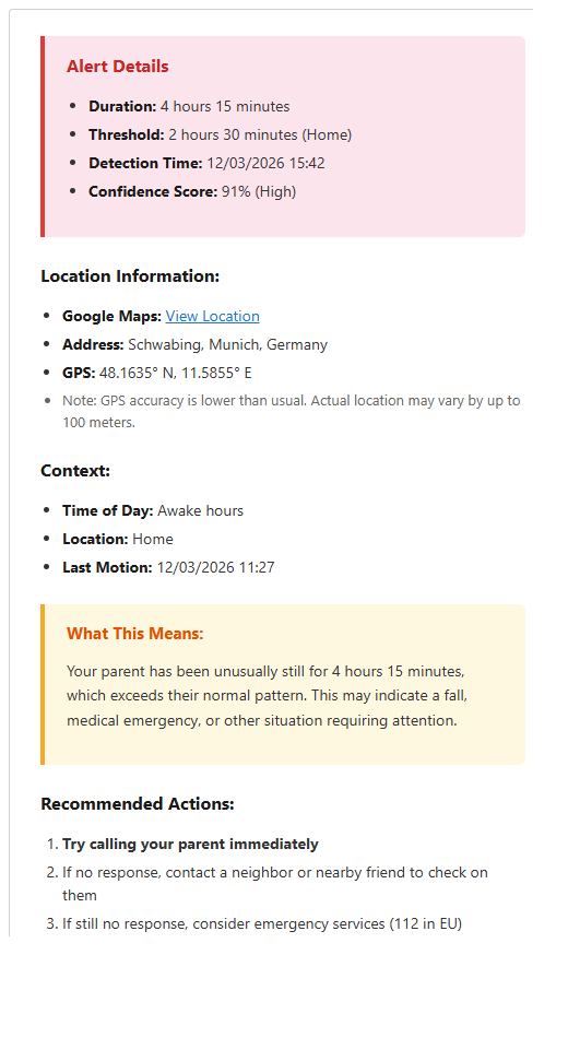 E-Mail-Alarm Inhalt — GPS-Standort, Google Maps Link, Kontext (Tageszeit, letzte Bewegung), empfohlene Ma&szlig;nahmen